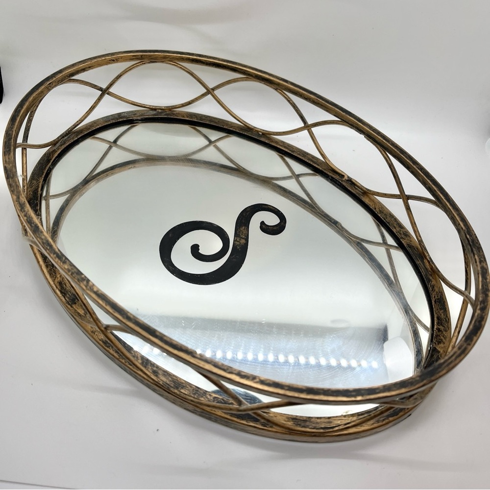 Decorative Metal Mirror Tray With Monogrammed “S”￼Jewelry Cosmetic Storage